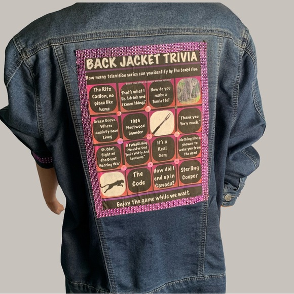 Upcycled Back Jacket Trivia Denim Jacket with Clues to TV Shows on the Back. - Picture 3 of 13